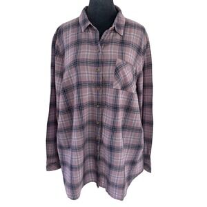 J Jill Plaid Button Down Shirt Women Large Lilac Blue & Black Long Sleeve Casual